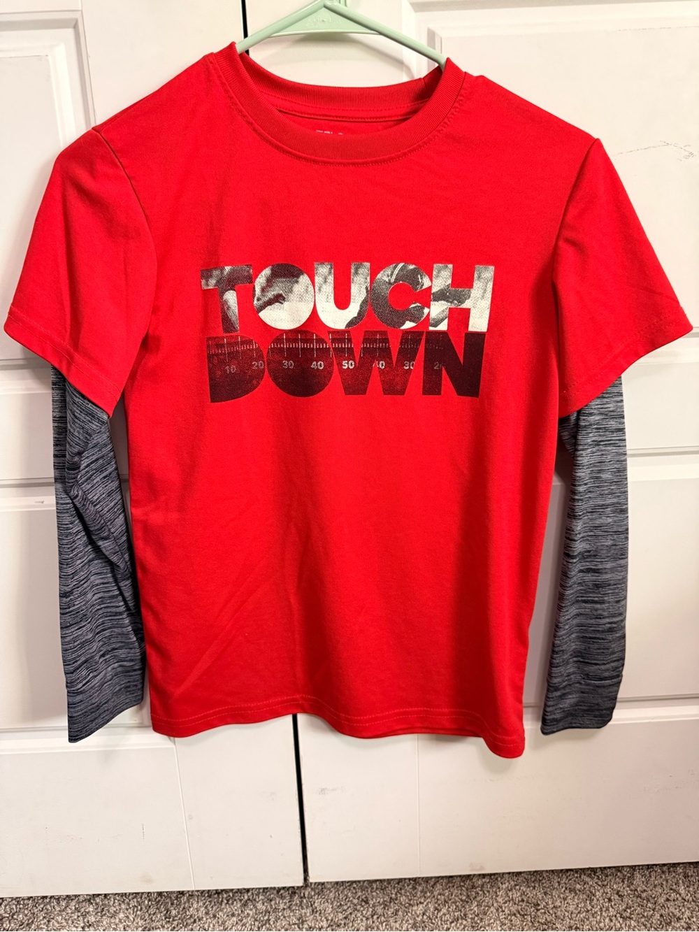 ZELOS Red Tee with Gray Layered-Look Sleeves and 'TOUCH DOWN' Graphic